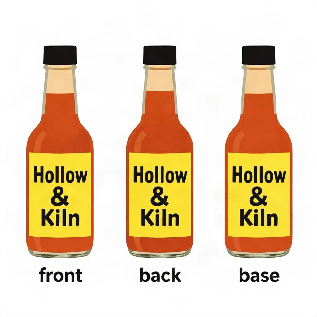 Flat vector illustration of the same hot-sauce bottle drawn in three views, captioned "front", "back" and "base", every view carrying the wordmark "Hollow & Kiln" in the same black-and-yellow coloring, only the angle changing.