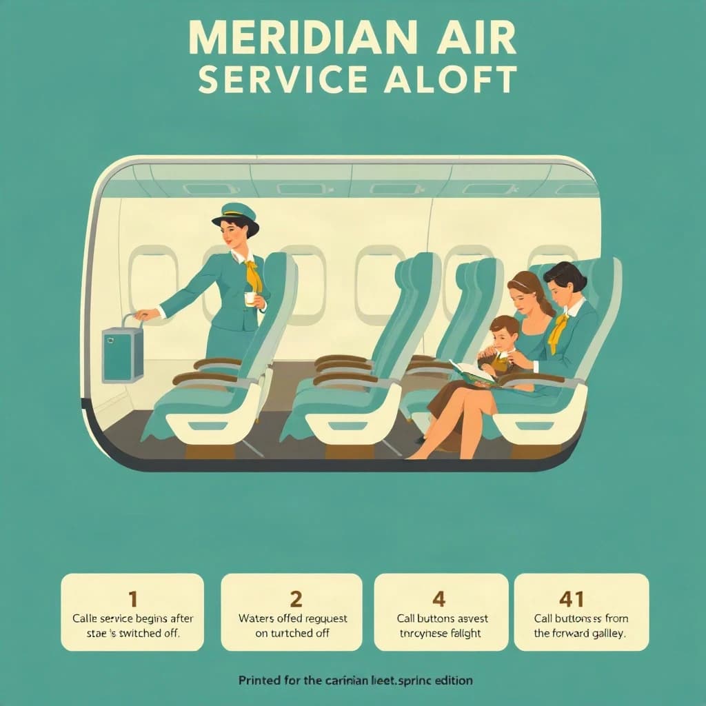 Flat vector poster in a nineteen sixties airline style, teal, mustard and cream.
A cutaway of a single aisle cabin seen from the side, five rows of seats visible. Three flight attendants in teal skirt suits with mustard scarves: one pushing a trolley in the aisle at row two, one handing a cup down to a window passenger in row four, one crouched beside a child in row five fastening a seatbelt. Nine passengers seated, four of them reading, and both aisle seats in row three empty.
Along the bottom, a numbered legend in cream boxes reading "1. Cabin service begins after the seatbelt sign is switched off.", "2. Trolleys are secured at every stage of turbulence.", "3. Water is offered on request throughout the flight.", "4. Call buttons are answered from the forward galley."
Masthead across the top reads "MERIDIAN AIR: SERVICE ALOFT", and a small line under the cabin reads "Printed for the cabin crew of the Meridian fleet, spring edition."