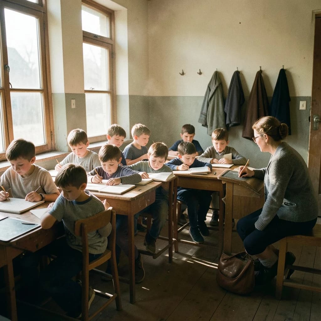 Documentary photograph inside a 1961 rural schoolhouse, late afternoon sun through tall windows. Twelve pupils at six shared wooden desks, two to a desk: the four in the window row copy from slates, the four in the middle row have open exercise books, the four along the back wall are turned around watching. The teacher, a woman in a grey cardigan with chalk dust on her sleeve, kneels beside the desk nearest the door, one hand steadying a boy's pencil. Four wall hooks behind her hold three coats, the middle hook bare. Warm dust in the light, fine grain, nobody posing.