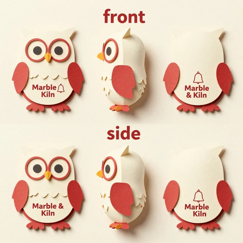Cut-paper collage of the same bookstore owl mascot drawn in three views, captioned "front", "side" and "back", every view carrying the wordmark "Marble & Kiln" with a small bell outline beside it in the same red-and-cream coloring, only the angle changing.