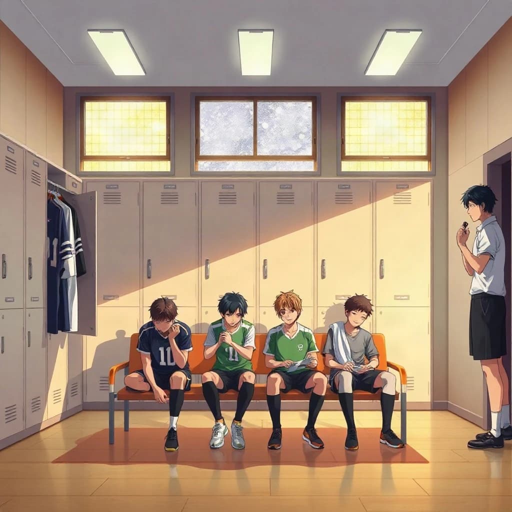 Modern anime interior for a high school volleyball series, wide view down a team locker room after practice. Eight lockers along the back wall in two banks of four, the three on the far left hanging open with jerseys spilling out and the rest shut. Four players occupy the foreground bench: the setter re-taping two fingers, the libero pulling on a knee sleeve, the captain reading a clipboard, and a first year asleep sitting upright with a towel over his face. A coach stands in the right doorway holding a whistle, half in shadow. Warm late-sun bars fall through high frosted windows, cel shading, clean bold linework.