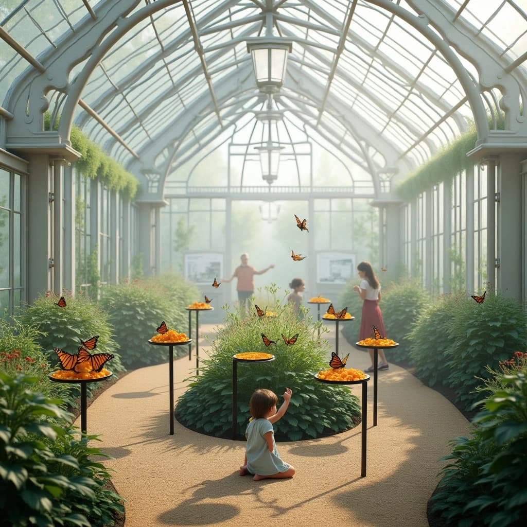 Interior render of a glasshouse butterfly conservatory, white cast iron arches and misted glass, humid morning light.
A raised planting bed spirals through the centre with a gravel path running around it. Five feeding stations on slim posts stand along the path, each holding a shallow dish of orange slices: monarch butterflies cluster on three of the dishes while two are untouched. Seven more monarchs rest on the milkweed in the bed and two are in flight above the path. Three visitors in the room, a child crouching at the nearest feeding station, an adult behind her pointing upward, and a guide standing at the far end beside an information board. Fine mist drifting near the roof vents. Physically based render.
