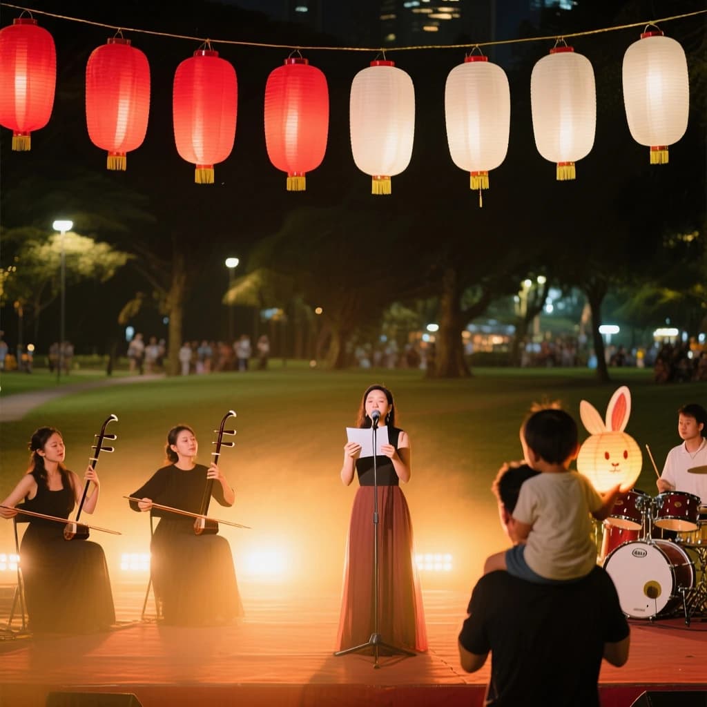 Concert photography, a Mid-Autumn Festival night in a Hong Kong park, shot from inside the crowd toward a low stage lit by warm floods. A singer at the centre microphone holds a note with both hands off the stand; on her left two erhu players sit side by side, on her right a single drummer stands. Eleven paper lanterns hang above the stage, the seven red ones strung in a line and the four white ones clustered at the right end. In the near foreground, out of focus, a child on a father's shoulders holds a rabbit lantern.