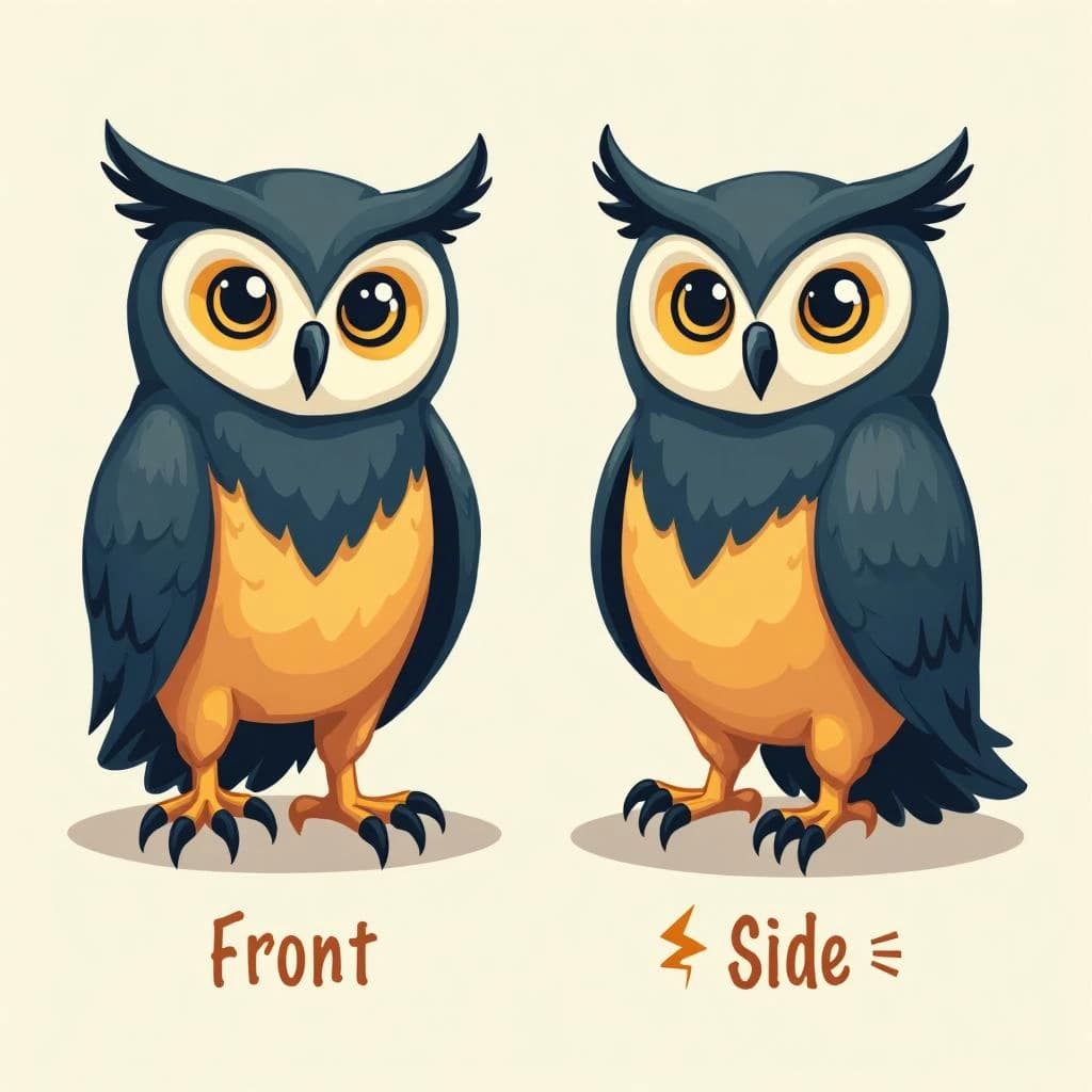 Flat vector illustration of the same bookstore owl mascot drawn in two views, captioned "front" and "side", every view carrying the wordmark "Harbor & Post" with a lightning-bolt symbol beside it in the same navy-and-gold coloring, only the angle changing.