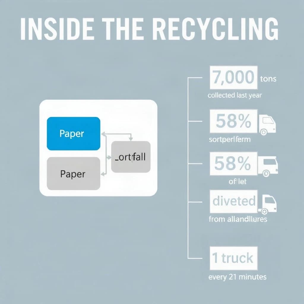Flat infographic titled "Inside the Recycling": at the center a flow chart from curb to sorting floor, carrying two keyed regions, "Paper" shaded blue and "Landfill" shaded gray, beside a right column of three stat chips reading "7,000 tons collected last year", "58% diverted from landfill" and "1 truck every 21 minutes".
