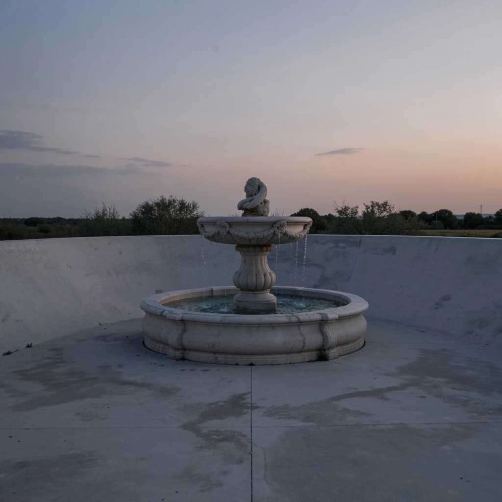 one marble fountain against plain concrete, dusk