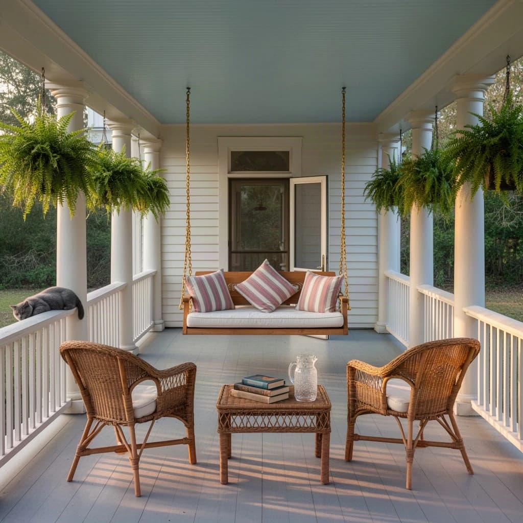 Real estate photograph of the wraparound porch on a restored Louisiana cottage, late afternoon. A cypress porch swing hangs on brass chains at the far end with three striped cushions on it, the middle cushion propped upright. Six turned columns run the length of the porch, ferns hanging between the first, third and fifth. Two wicker chairs face the swing across a low rattan table holding a stack of three books and a sweating glass pitcher. A grey cat sleeps on the rail nearest the steps, the screen door behind the swing standing half open. Low sun striping the painted floorboards, pale blue ceiling above.
