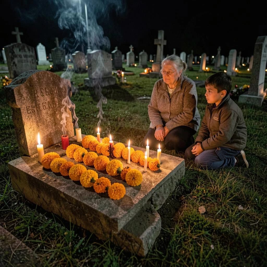 Photojournalism frame from a cemetery vigil at night: one grave slab carrying seven marigold garlands and nine lit candles, three of the candles guttered out and smoking, a grandmother and two children kneeling along the near edge.