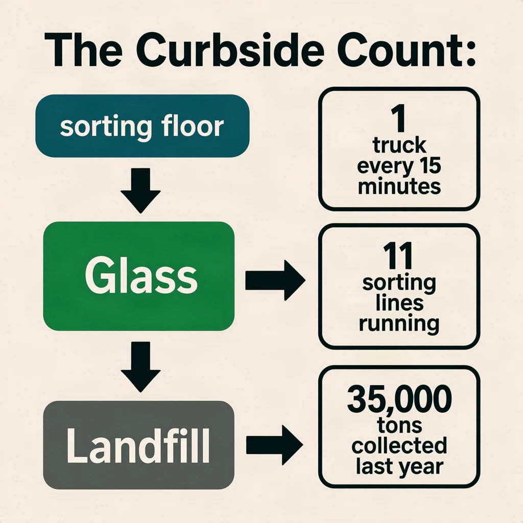 Printed poster titled "The Curbside Count": at the center a flow chart from curb to sorting floor, carrying two keyed regions, "Glass" shaded green and "Landfill" shaded gray, beside a right column of three stat chips reading "1 truck every 15 minutes", "11 sorting lines running" and "35,000 tons collected last year".