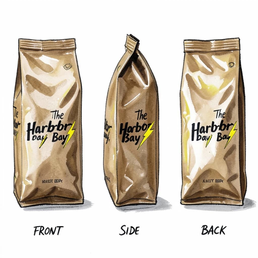 Gouache painting of the same coffee bag drawn in three views, captioned "front", "side" and "back", every view carrying the wordmark "The Harbor Bay" with a lightning-bolt symbol beside it in the same black-and-yellow coloring, only the angle changing.