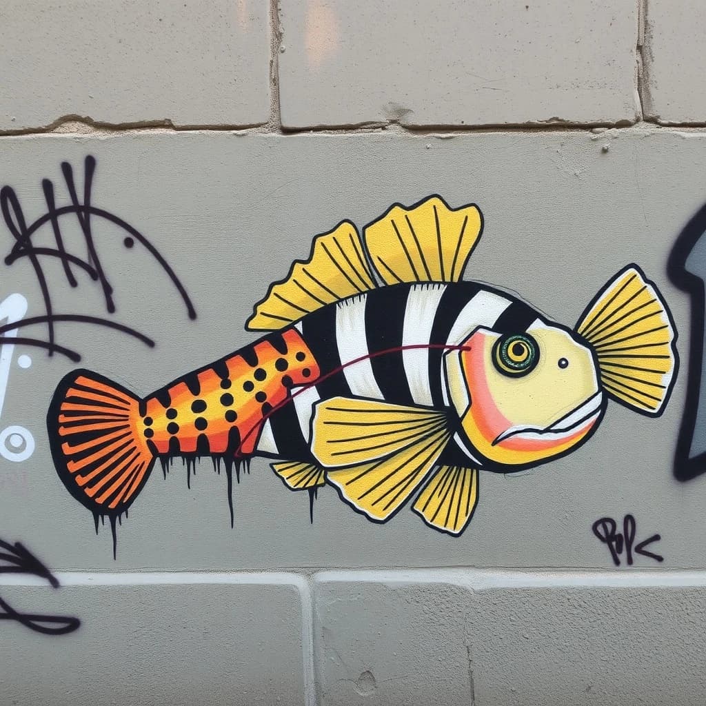 Fungus Gnat and Banded Rudderfish in Rome, Italy in the style of graffiti
