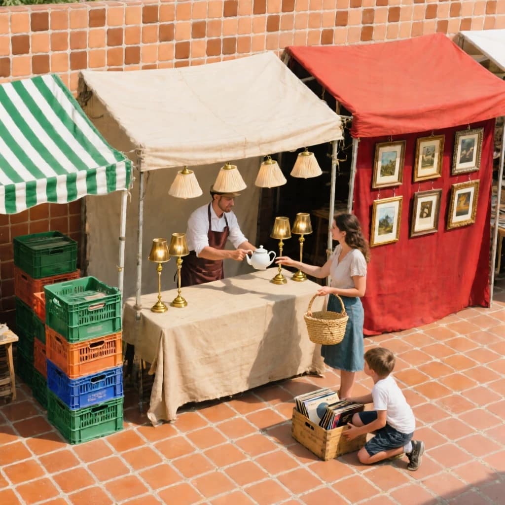 Glass tile mosaic of a Sunday flea market seen from a slightly raised angle, small square tesserae and warm terracotta grout. Three stall awnings in a row: the left one striped green and white over stacked vinyl crates, the middle plain canvas over six brass lamps with only the two tallest wearing shades, the right red awning hung with nine framed pictures in three rows of three. Under the middle awning a vendor in an apron hands a teapot across the table to a woman holding a straw basket, while a boy crouches at her feet by a crate of records. No lettering anywhere.