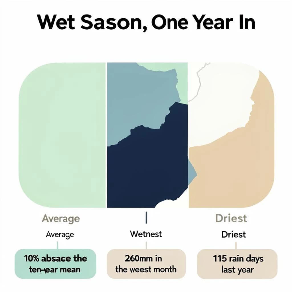 Flat vector illustration titled "Wet Season, One Year In". A twelve-month rainfall timeline sits at the center, carrying three keyed regions, "Average" shaded pale green, "Wettest" shaded dark blue and "Driest" shaded sand. Three stat chips run down a bottom row, reading "10% above the ten-year mean", "260mm in the wettest month" and "115 rain days last year". Each key color matches the shading of the region it names.