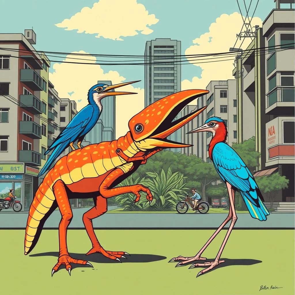 Crossopterygian and Blue Runner in Hanoi, Vietnam in the style of pop art