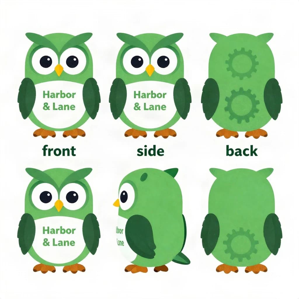 Printed poster: one bookstore owl mascot in three views. The views are captioned "front", "side" and "back" in that order. The wordmark "Harbor & Lane" appears on every view with a six-tooth gear mark beside it. The green-and-white coloring is the same across every view, and only the angle changes.