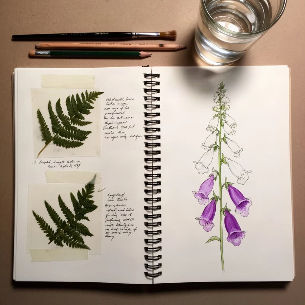 An open spiral notebook shot from directly above, its pages filled with careful botanical illustration in ink and watercolor. On the left page, three pressed fern fronds taped down with handwritten notes beside each one. On the right page, a half-finished study of a foxglove stalk carrying five bells, the bottom two painted purple and the top three still bare outlines. A brush, two pencils and a jar of water sit above the notebook, and the wire spiral throws a shadow into the gutter.