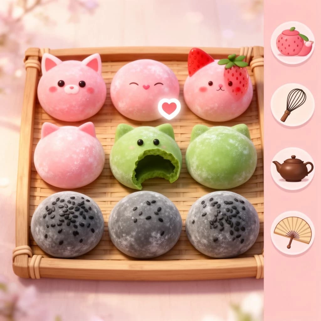 Match three board for a cozy sweets game, cute stylized 3D animation look. Nine mochi in a three by three grid on a bamboo tray: the top row strawberry pink, the middle row matcha green, the bottom row black sesame grey. The center green one has a bite taken out and a small heart icon floating above it. Two of the pink mochi wear tiny cat ears. To the right of the tray, a vertical strip of three power up icons, a whisk, a teapot and a fan. Soft pastel lighting, glossy dusted surfaces.