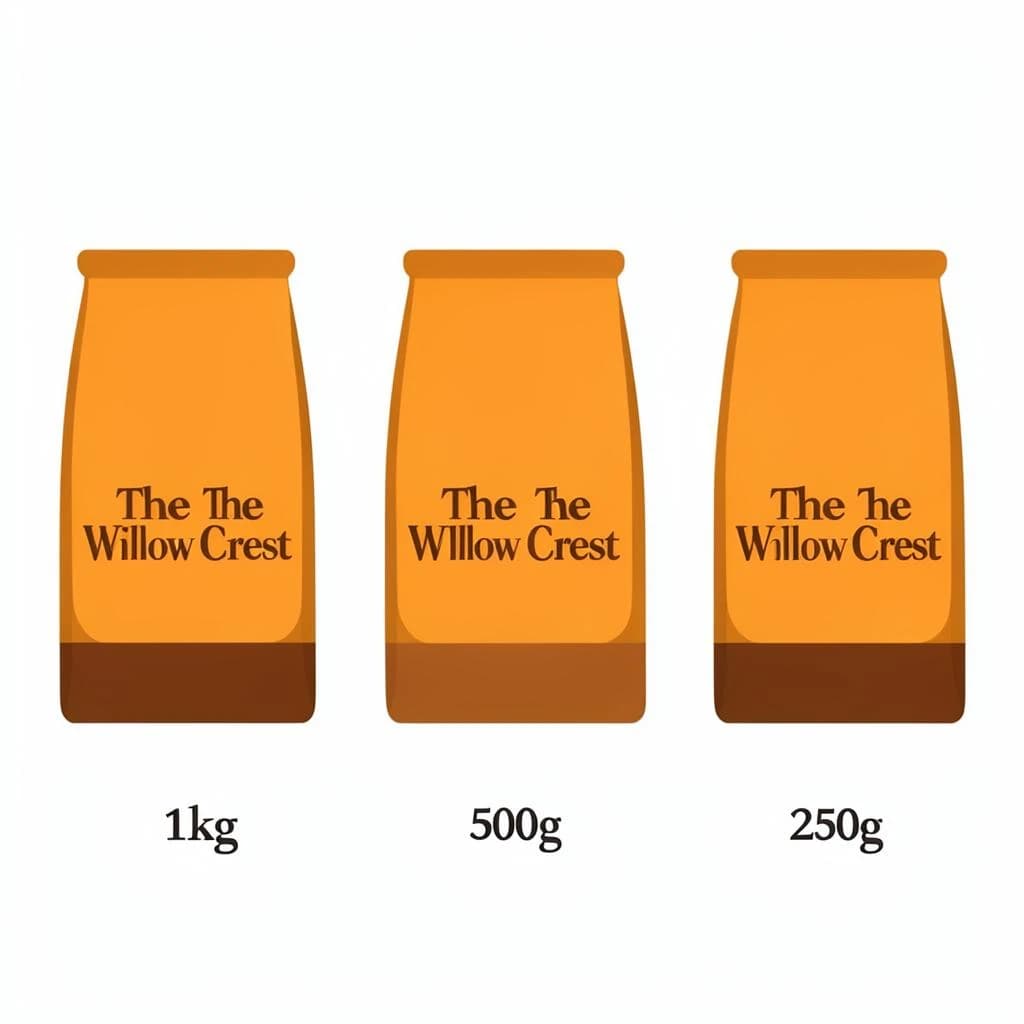 Flat vector illustration of the same coffee bag drawn in three sizes, captioned "1kg", "500g" and "250g", every size carrying the wordmark "The Willow Crest" in the same orange-and-brown coloring, only the bag size changing.