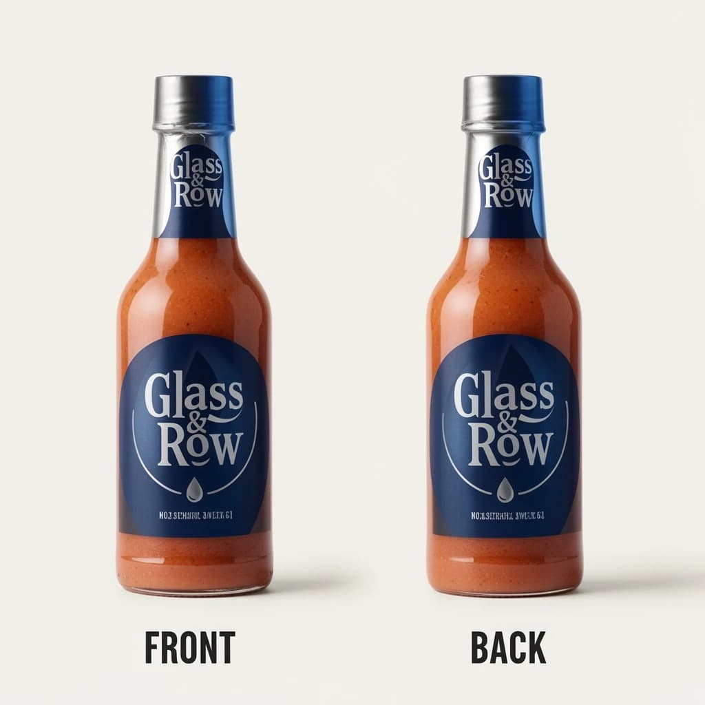 Printed poster of the same hot-sauce bottle drawn in two views, captioned "front" and "back", every view carrying the wordmark "Glass & Row" with a single droplet symbol beside it in the same blue-and-silver coloring, only the angle changing.