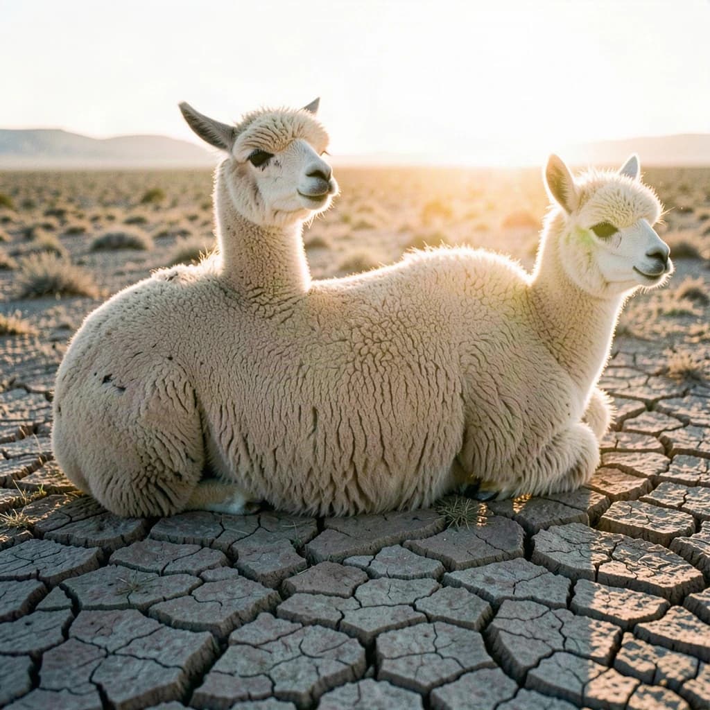 quiet alpaca on cracked earth, backlit