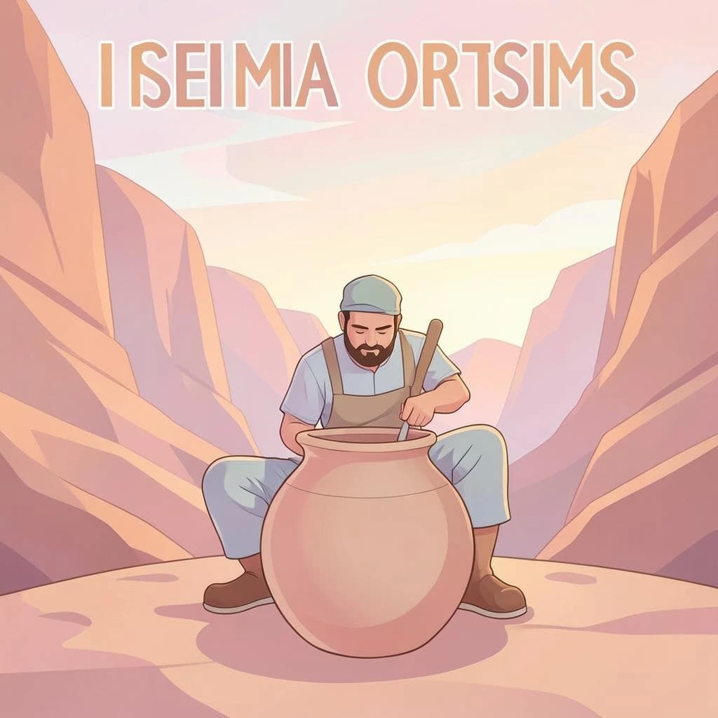 Poster illustration of a potter in a desert canyon, soft gradient fills, smooth vector finish, pastel palette.