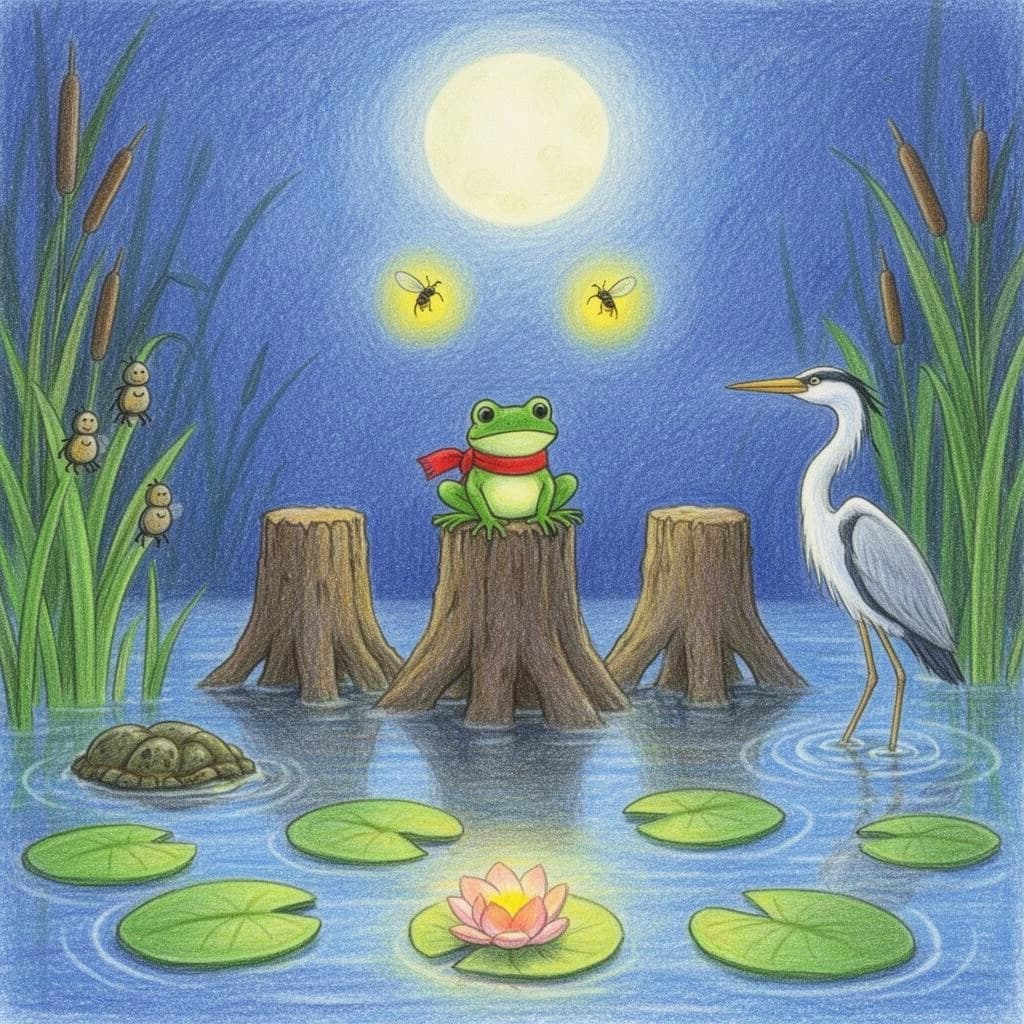 Story card in soft children's book illustration with crayon texture. A moonlit swamp with three cypress stumps in a row across the water. A small green frog in a red scarf sits on the middle stump. Two fireflies circle above his head while four more sit sleeping on the reeds to the left. A heron stands knee deep at the right edge, looking away from the frog. Nine lily pads float across the foreground, only one of them carrying a flower.