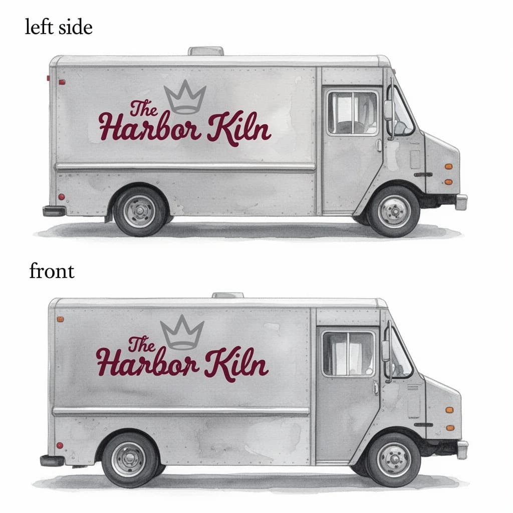 Watercolor of the same food truck drawn in two sides, captioned "left side" and "front", every side carrying the wordmark "The Harbor Kiln" with a simple crown outline beside it in the same maroon-and-gray coloring, only the side changing.