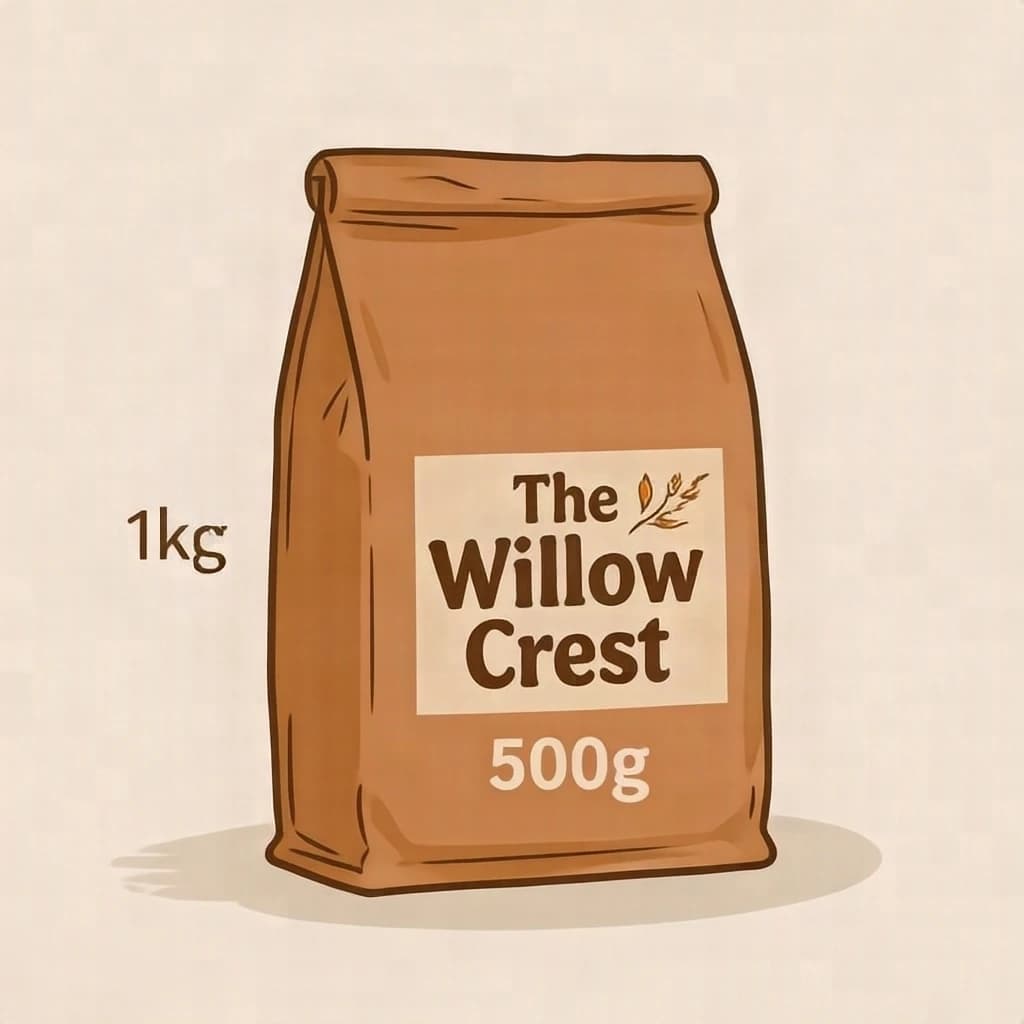 Flat vector illustration of the same coffee bag drawn in three sizes, captioned "1kg", "500g" and "250g", every size carrying the wordmark "The Willow Crest" in the same orange-and-brown coloring, only the bag size changing.