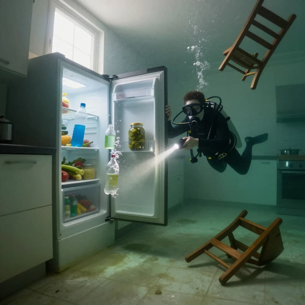 Underwater photograph inside a flooded apartment kitchen, silt green water, one window's worth of light from above. The refrigerator stands with its door swung open; three plastic bottles drift upward out of it, one still capped and two open and trailing bubbles, while a jar of pickles stays wedged on the middle shelf. A diver in a black wetsuit hovers to the right of the door, one hand on the top hinge, the other aiming a torch into the empty vegetable drawer. Two wooden chairs float against the ceiling above her, a third lies on its side on the tiles. Suspended particles, cold contrast, slow shutter softness.