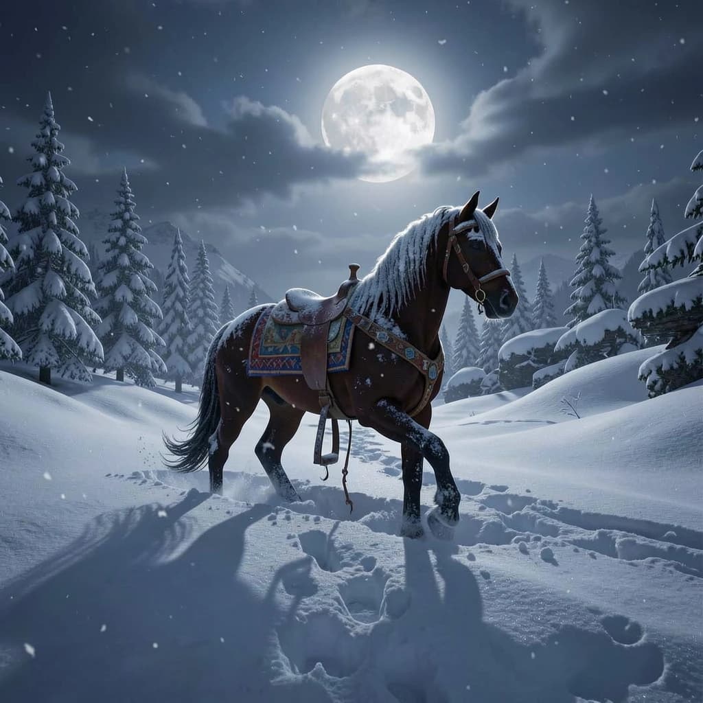 single carousel horse in deep snow, moonlight