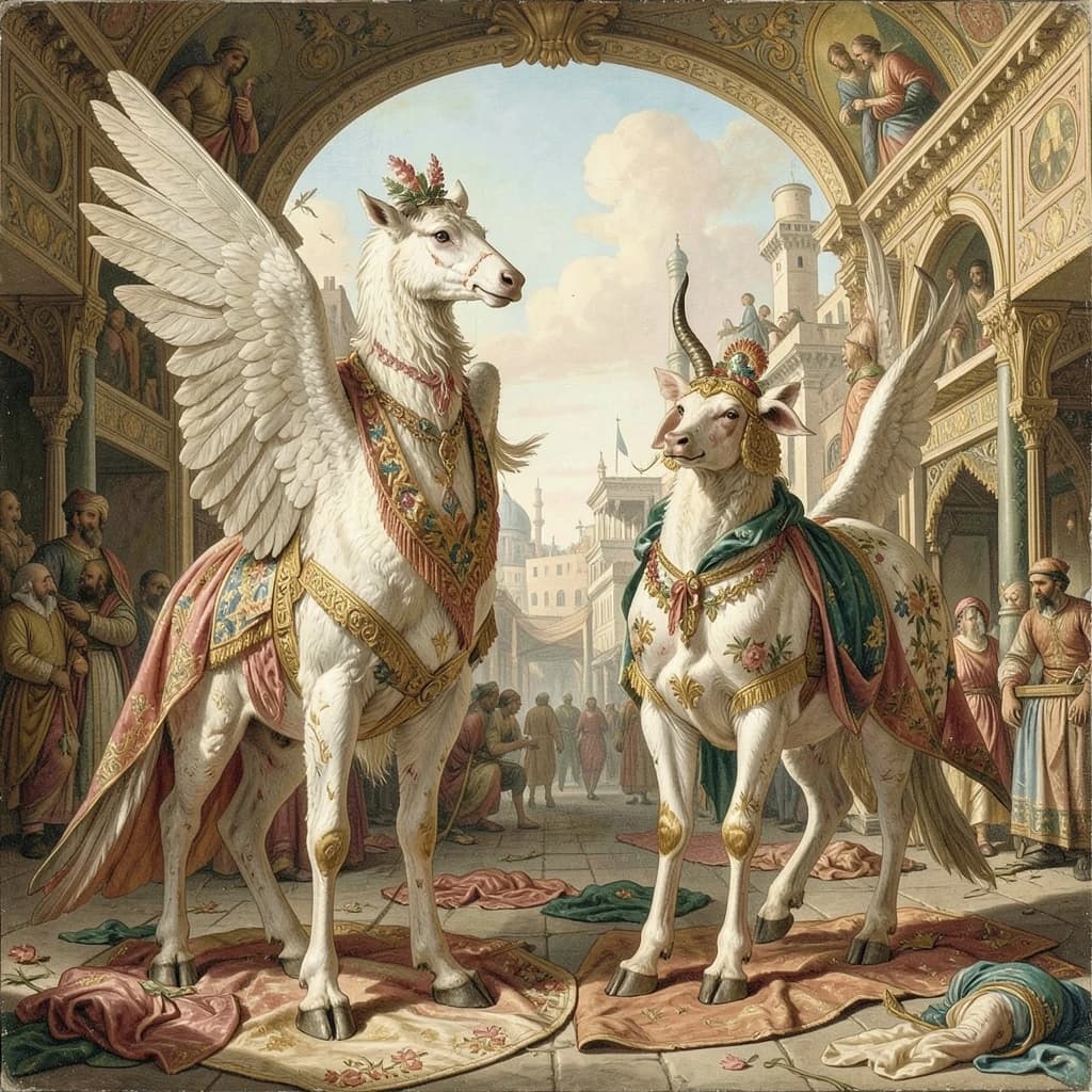 Aerie and Artiodactyl in Baghdad, Iraq in the style of rococo