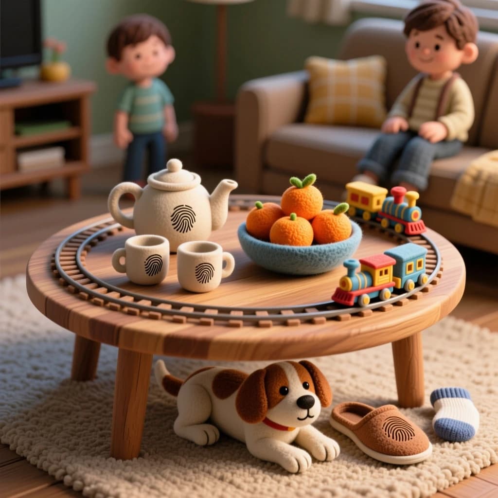 Stop-motion set built from felt and clay, fingerprints visible in the clay, shallow tabletop lighting. A round wooden coffee table in a family living room seen from a low child's-eye angle. On it: a teapot with three cups, two of them upside down, a bowl holding four felt oranges, and a toy train circling the whole arrangement on a loop of track. Underneath the table a small dog lies with a slipper between its paws, and a single sock sits beside the table's near leg.