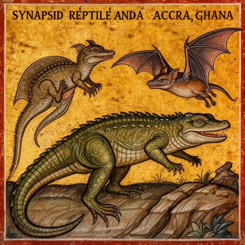 Synapsid Reptile and Bat in Accra, Ghana in the style of byzantine