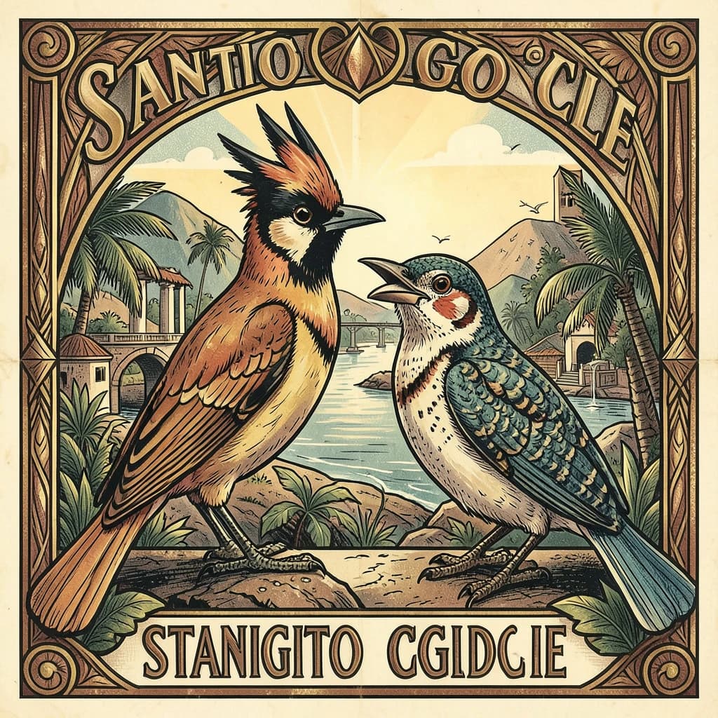Crested Myna and Gudgeon in Santiago, Chile in the style of art deco