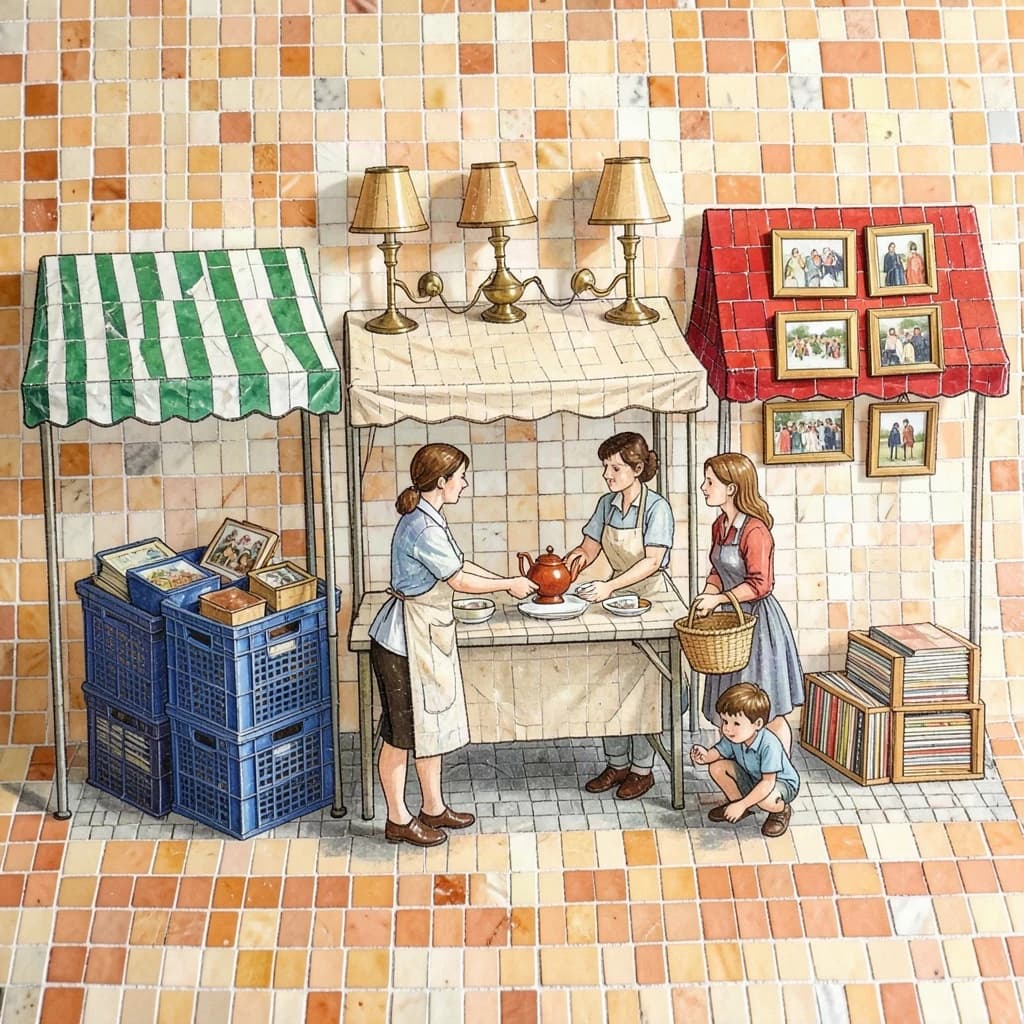 Glass tile mosaic of a Sunday flea market seen from a slightly raised angle, small square tesserae and warm terracotta grout. Three stall awnings in a row: the left one striped green and white over stacked vinyl crates, the middle plain canvas over six brass lamps with only the two tallest wearing shades, the right red awning hung with nine framed pictures in three rows of three. Under the middle awning a vendor in an apron hands a teapot across the table to a woman holding a straw basket, while a boy crouches at her feet by a crate of records. No lettering anywhere.