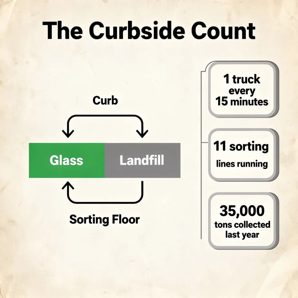 Printed poster titled "The Curbside Count": at the center a flow chart from curb to sorting floor, carrying two keyed regions, "Glass" shaded green and "Landfill" shaded gray, beside a right column of three stat chips reading "1 truck every 15 minutes", "11 sorting lines running" and "35,000 tons collected last year".