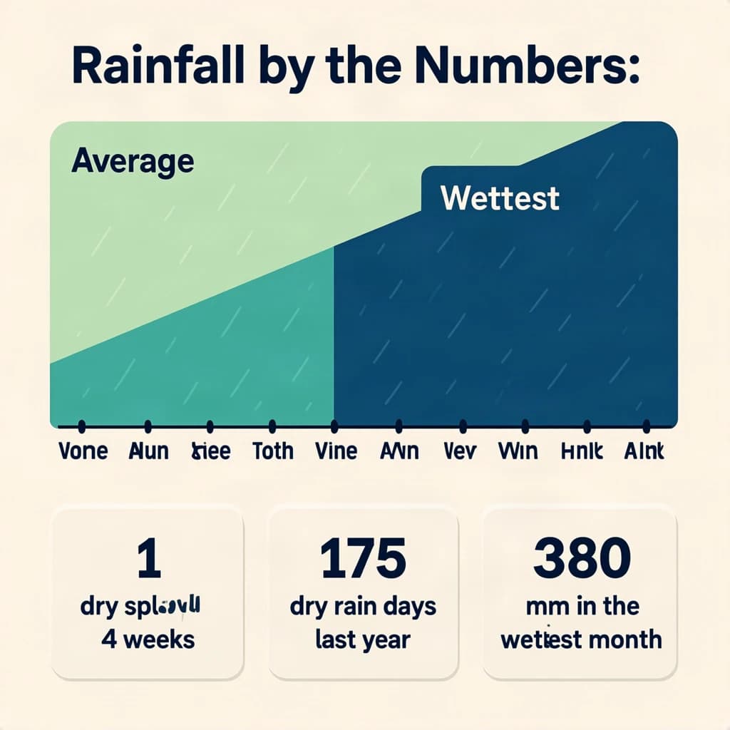 Flat infographic titled "Rainfall by the Numbers": at the center a twelve-month rainfall timeline, carrying two keyed regions, "Average" shaded pale green and "Wettest" shaded dark blue, beside a bottom row of three stat chips reading "1 dry spell every 4 weeks", "175 rain days last year" and "380mm in the wettest month".