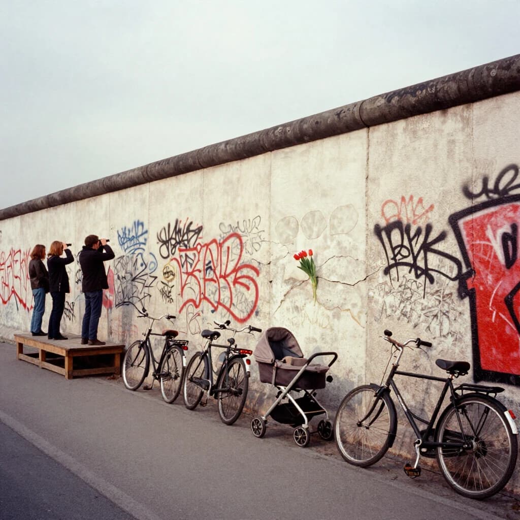 Shot on 1970s Kodachrome era color film, warm grain and slightly faded reds. A stretch of the Berlin Wall on a grey afternoon, covered in overlapping graffiti with one clean unpainted panel in the middle. Three people stand on a wooden viewing platform at the left, two of them looking over the top through binoculars while the third has turned back toward the camera with a cigarette. Four bicycles lean along the base of the wall, three upright and one fallen on its side. A pram is parked below the clean panel with a small bunch of tulips wedged into a crack above it. No cars in the frame.