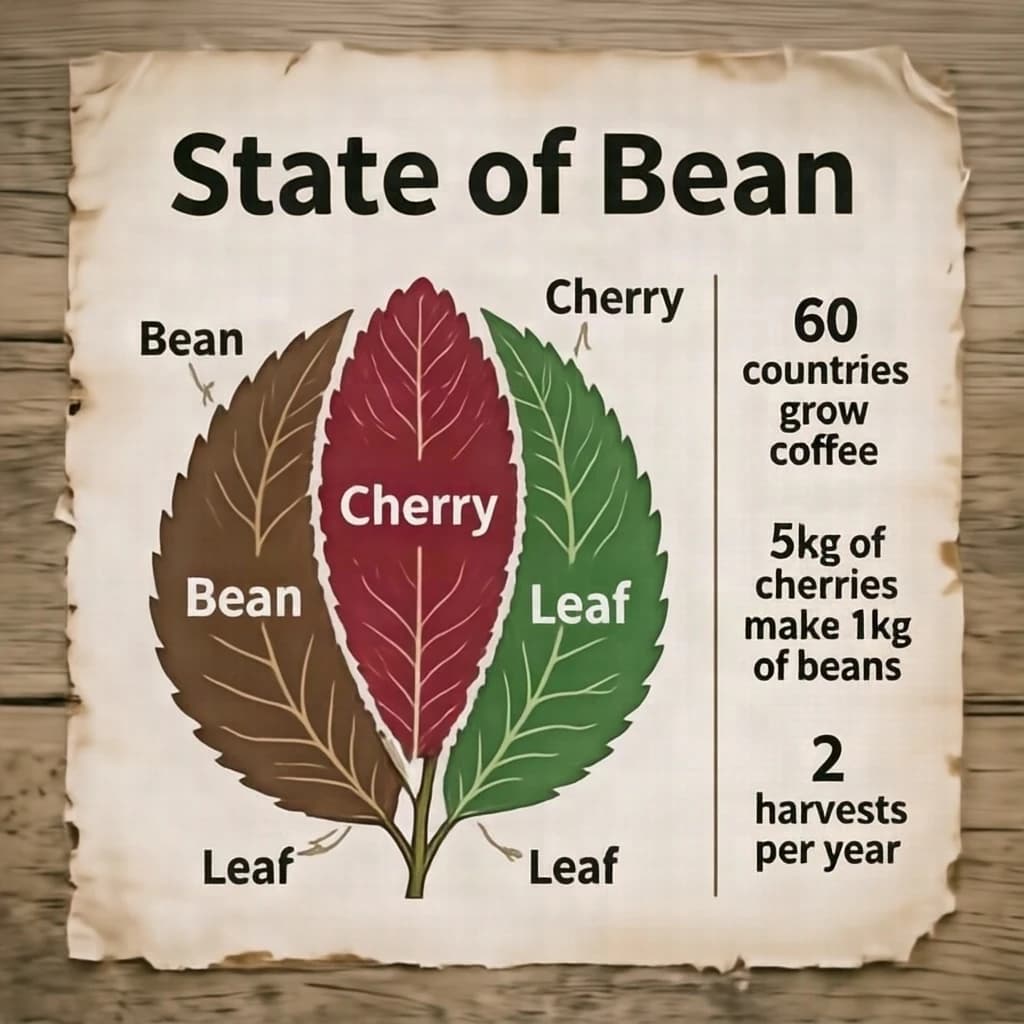 Printed poster titled "State of Bean": at the center a labeled coffee-plant diagram, carrying three keyed regions, "Bean" shaded brown, "Cherry" shaded red and "Leaf" shaded green, beside a right column of three stat chips reading "60 countries grow coffee", "5kg of cherries make 1kg of beans" and "2 harvests per year".