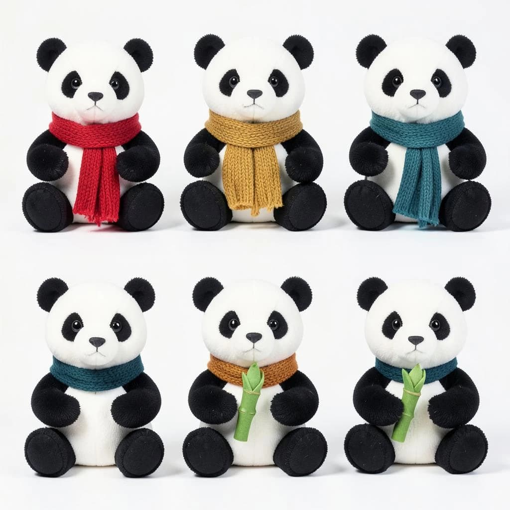 Studio product photography, plain white variant grid: six panda plushes in two rows of three, all seated facing camera. The top row wears knit scarves in red, mustard and teal. The bottom three wear no scarves, each holding a small felt bamboo shoot.