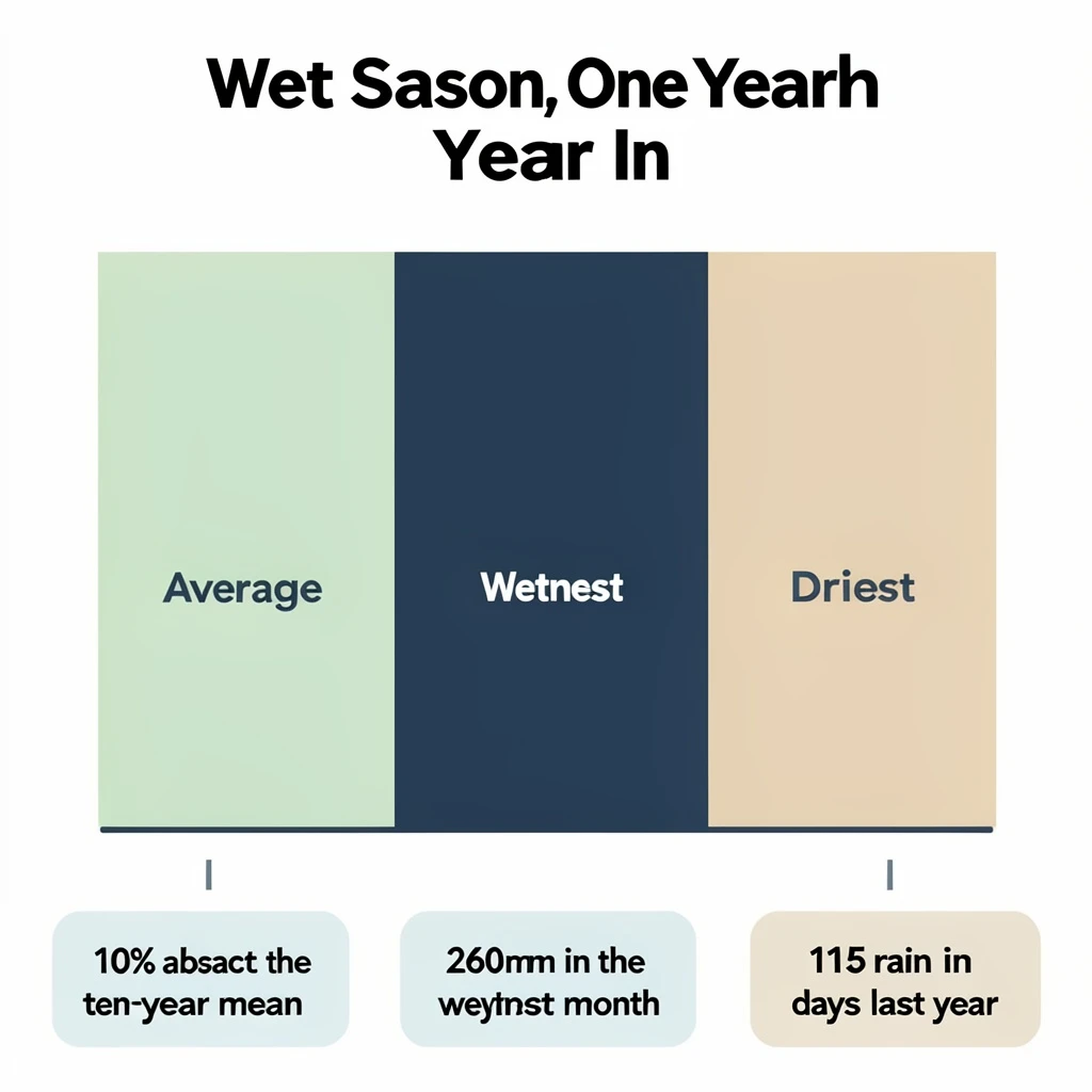 Flat vector illustration titled "Wet Season, One Year In". A twelve-month rainfall timeline sits at the center, carrying three keyed regions, "Average" shaded pale green, "Wettest" shaded dark blue and "Driest" shaded sand. Three stat chips run down a bottom row, reading "10% above the ten-year mean", "260mm in the wettest month" and "115 rain days last year". Each key color matches the shading of the region it names.