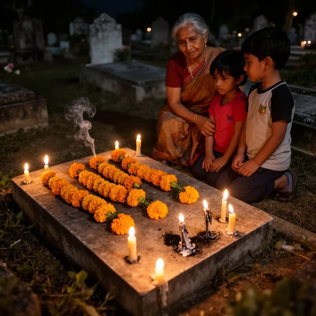 Photojournalism frame from a cemetery vigil at night: one grave slab carrying seven marigold garlands and nine lit candles, three of the candles guttered out and smoking, a grandmother and two children kneeling along the near edge.