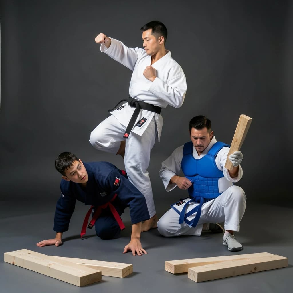 Studio photography, stunt and costume reference on a seamless charcoal backdrop, one hard key from camera left. Three taekwondo athletes in a tight diagonal: the tallest, in a white uniform with a black belt, holds a side kick frozen at chest height; the shortest, in navy with a red belt, ducks under it with both palms flat on the floor; the third kneels behind them fastening a blue chest guard onto a folded uniform. Two snapped pine boards lie at the front edge of the frame, a third board still whole in a holder's gloved hands.