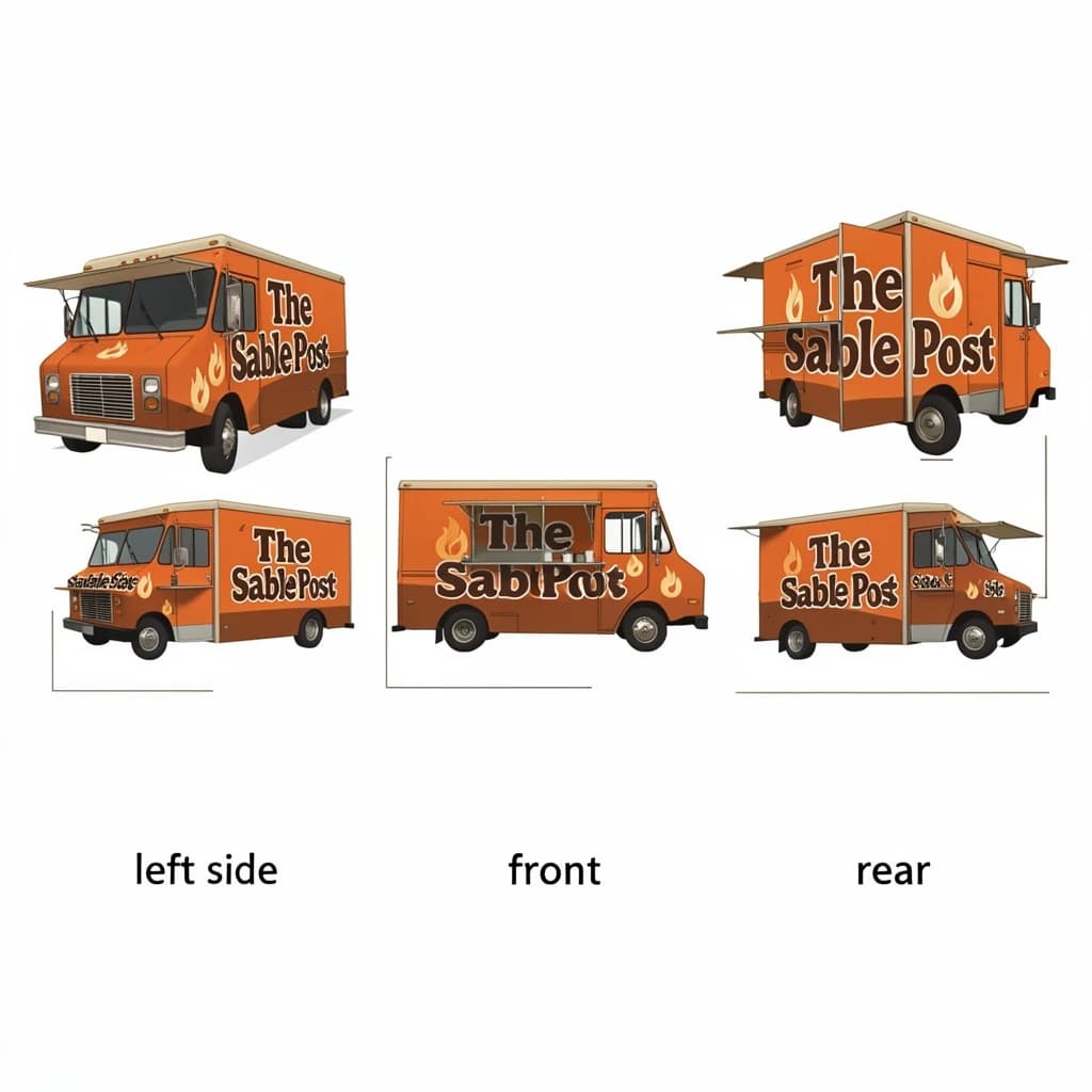 Printed poster: one food truck in three sides. The sides are captioned "left side", "front" and "rear" in that order. The wordmark "The Sable Post" appears on every side with a small flame icon beside it. The orange-and-brown coloring is the same across every side, and only the side changes.