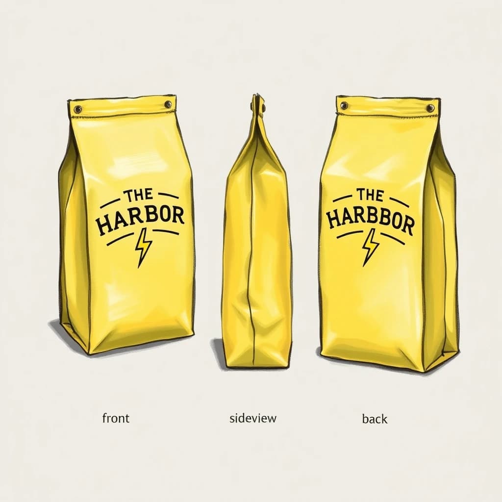 Gouache painting of the same coffee bag drawn in three views, captioned "front", "side" and "back", every view carrying the wordmark "The Harbor Bay" with a lightning-bolt symbol beside it in the same black-and-yellow coloring, only the angle changing.