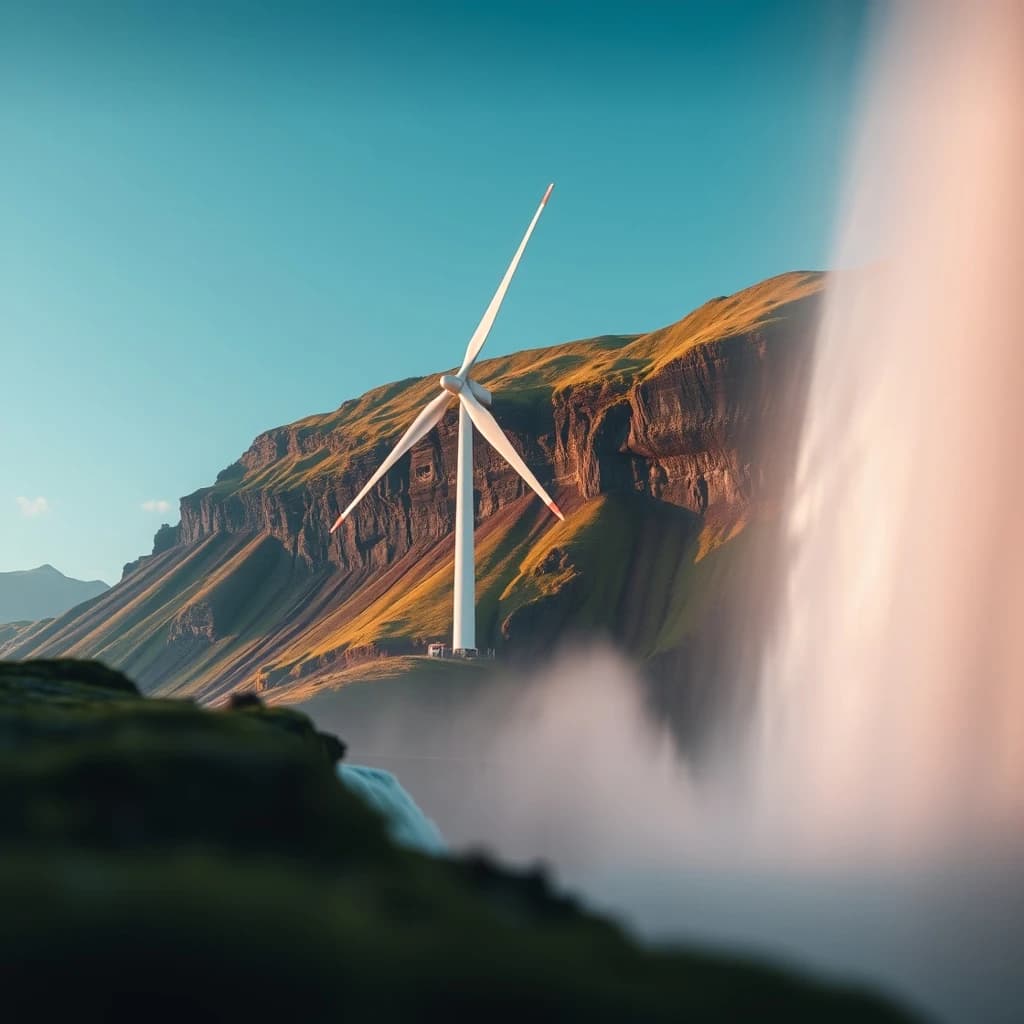 200mm f/1.4 close-up framing of a wind turbine beside a waterfall, lit by bounced light, deep focus, soft pastel color grade