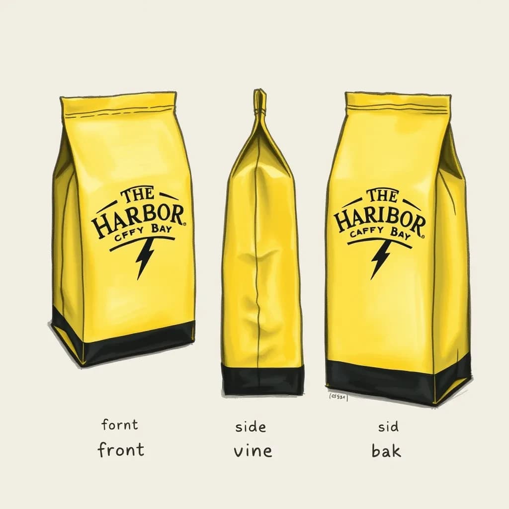 Gouache painting of the same coffee bag drawn in three views, captioned "front", "side" and "back", every view carrying the wordmark "The Harbor Bay" with a lightning-bolt symbol beside it in the same black-and-yellow coloring, only the angle changing.