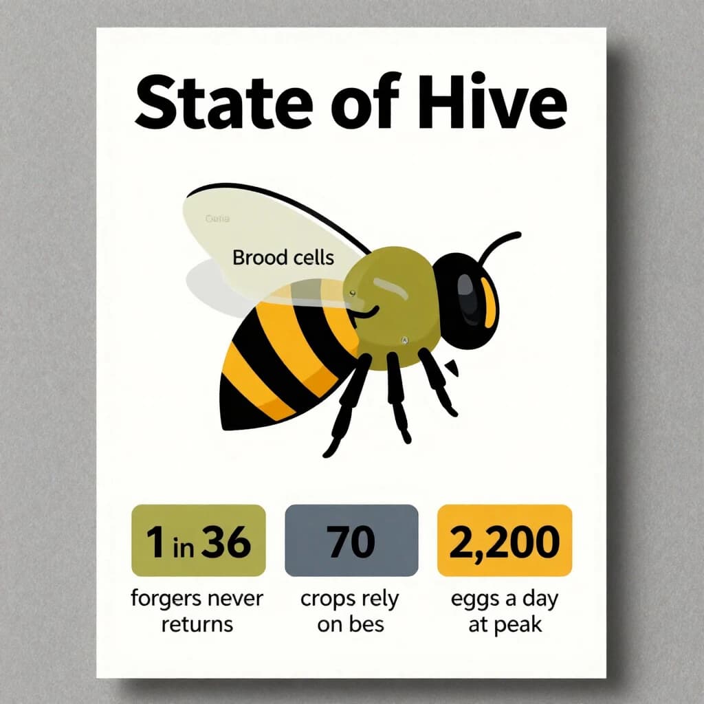 Printed poster titled "State of Hive". A labeled bee diagram sits at the center, carrying two keyed regions, "Brood cells" shaded olive and "Wing pair" shaded slate. Three stat chips run down a bottom row, reading "1 in 36 foragers never returns", "70 crops rely on bees" and "2,200 eggs a day at peak". Each key color matches the shading of the region it names.