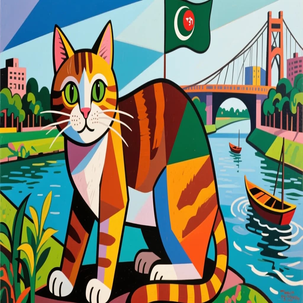 Shiner and Channel Cat in Dhaka, Bangladesh in the style of cubist