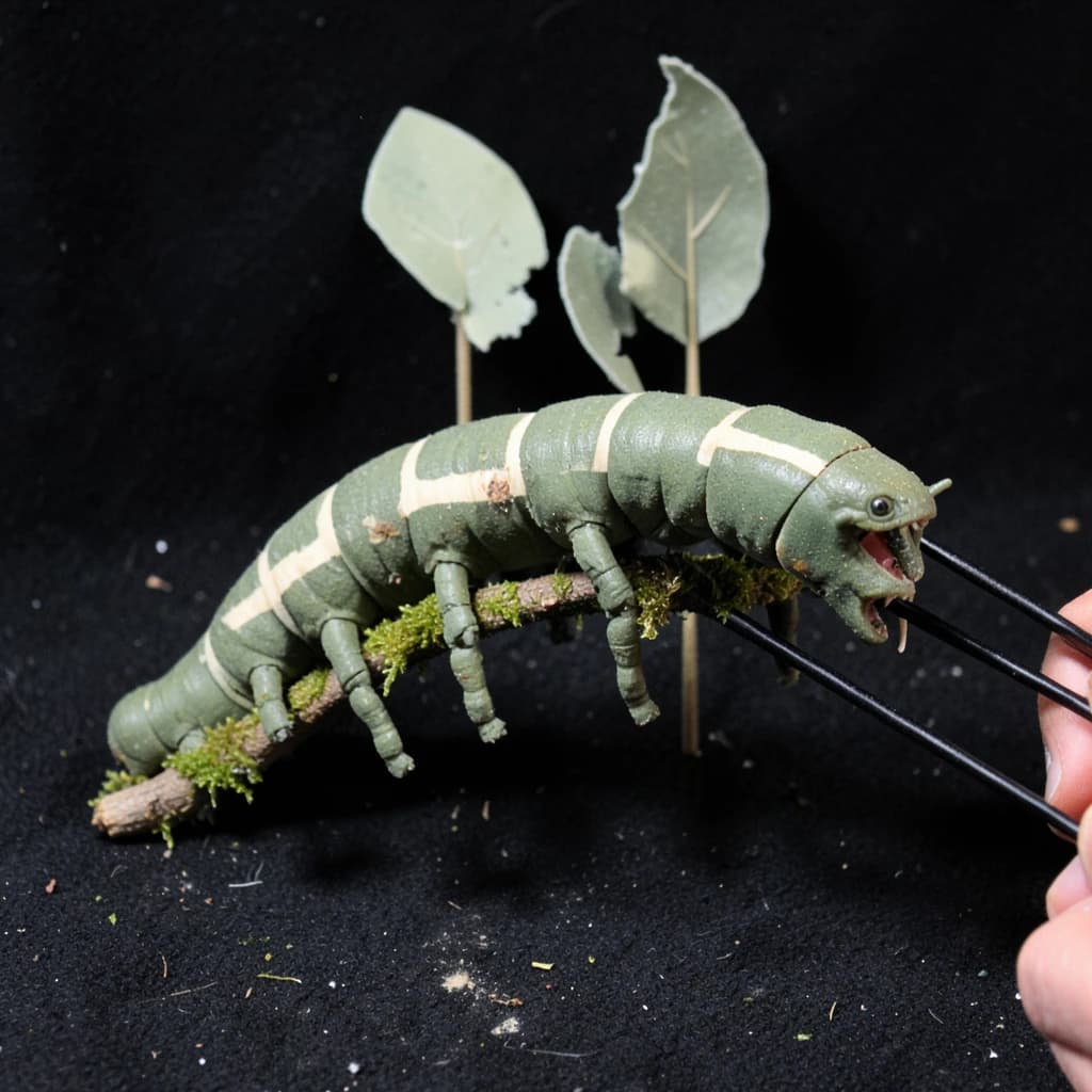 Macro photography of a practical effects test on a soundstage floor. A metre-long animatronic caterpillar puppet, dull green with a cream stripe, arched over a moss-covered branch: eight pairs of stubby legs, the front three pairs gripping the branch, the rest hanging free. Two thin black rods run out of frame to the right where a puppeteer's hands are just visible, and a third rod supports the head, which is turned toward camera with its mandibles open. Behind it, three sprayed foam leaves on stands, the middle one already chewed through. Hard key from above, black felt background, dust in the air.